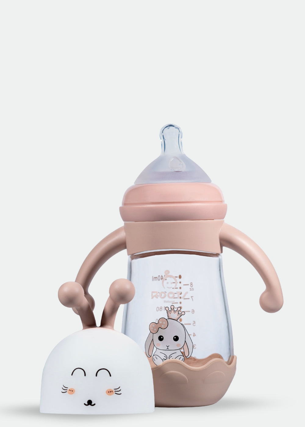 M05-Pink Glass Bottle: 240ML/8 OZ Capacity with Soft Handle and Protective Base